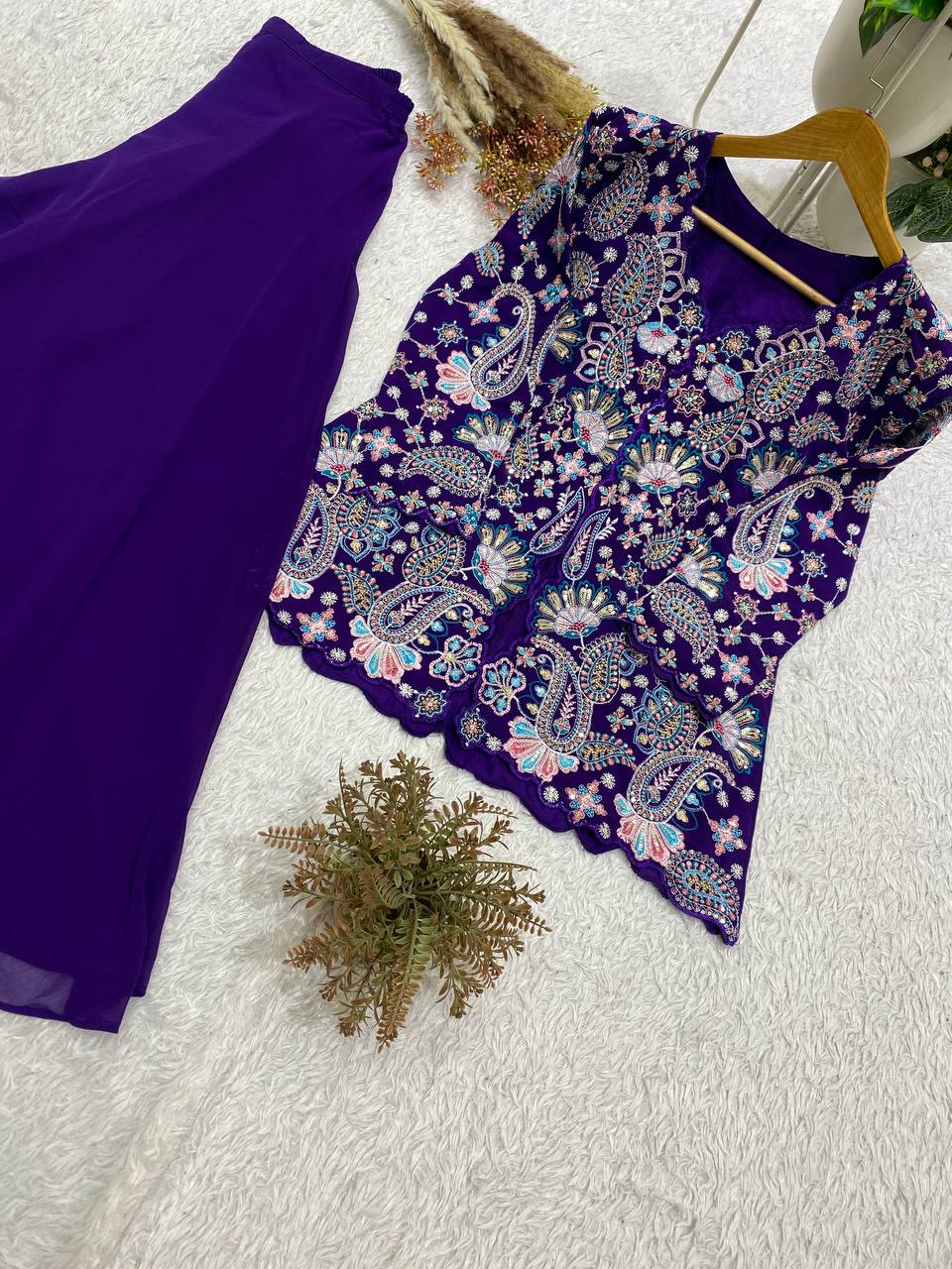 Purple Georgette Sequin Kurta Palazzo Set, view 6