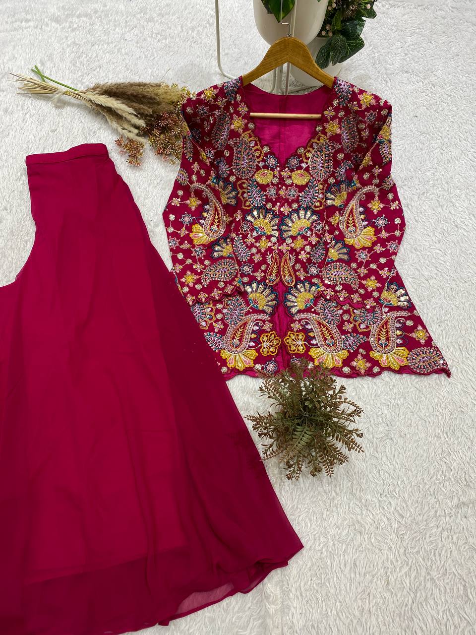 Rani Pink Georgette Sequin Kurta Palazzo Set, view 3