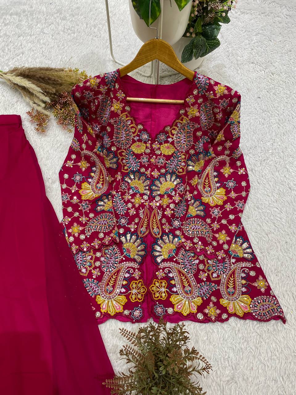 Rani Pink Georgette Sequin Kurta Palazzo Set, view 4