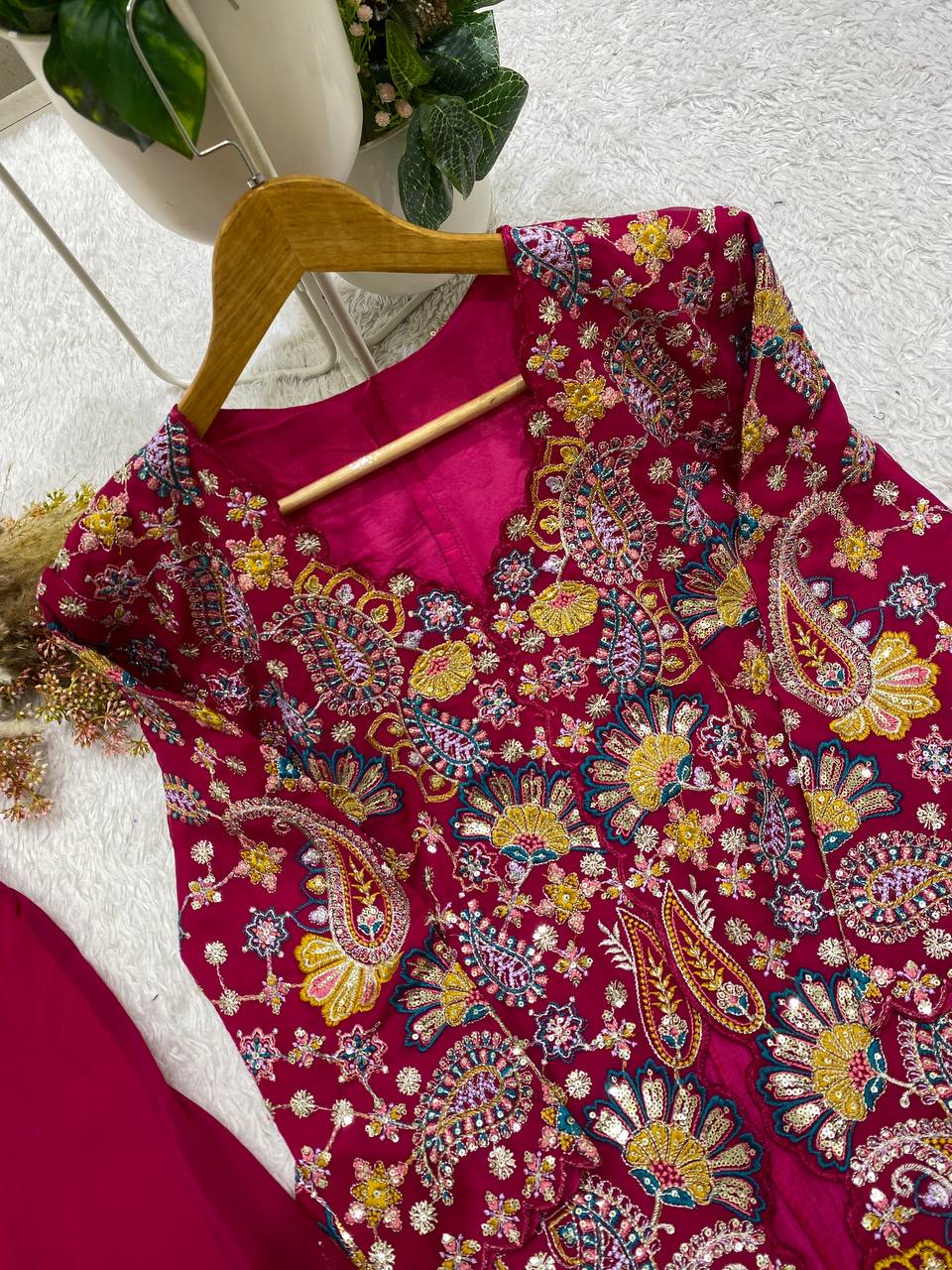 Rani Pink Georgette Sequin Kurta Palazzo Set, view 6