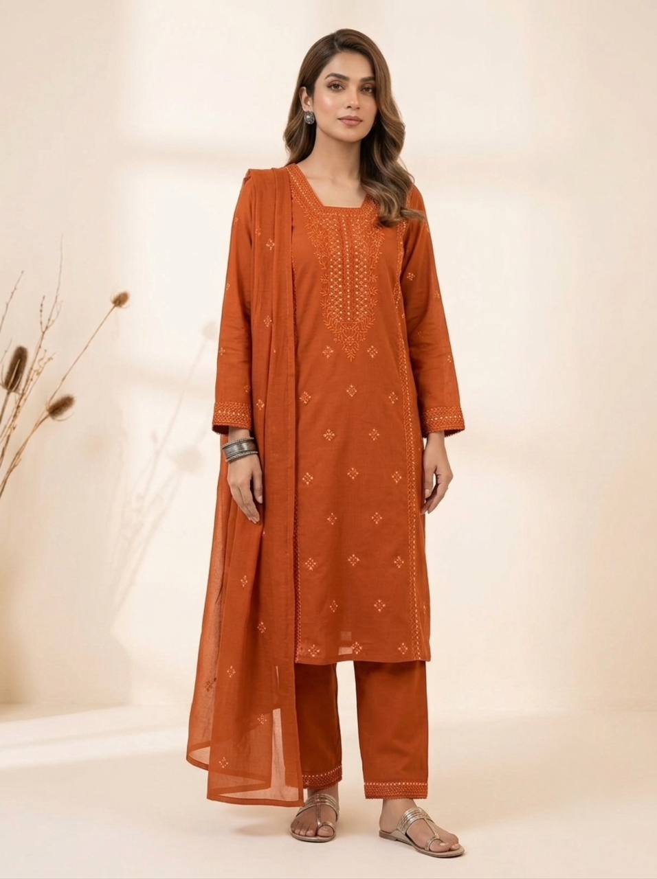 Rust Orange Roman Silk Sequin Kurta Pant Set