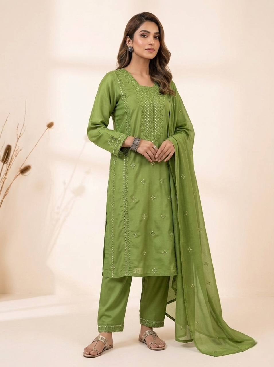 Parrot Green Roman Silk Sequin Kurta Pant Set