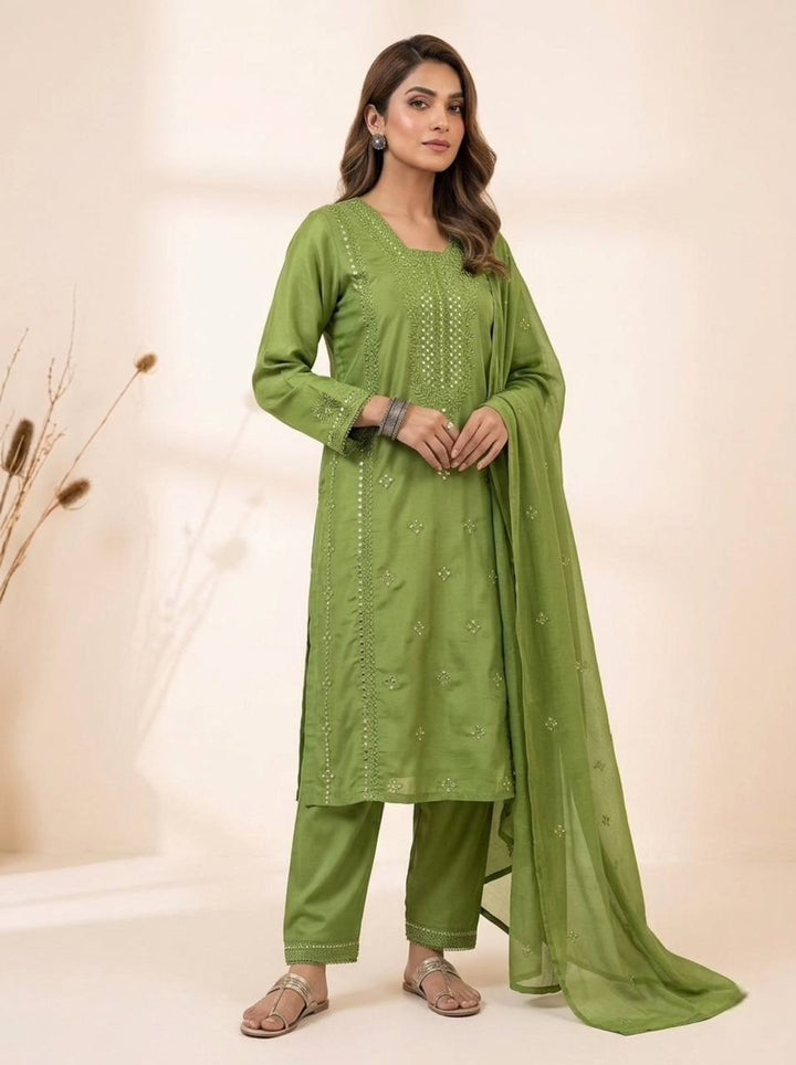 Parrot Green Roman Silk Sequin Kurta Pant Set