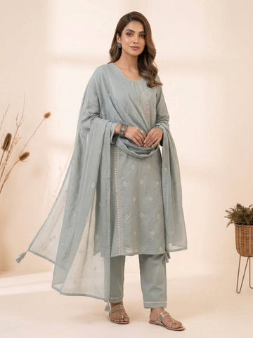 Grey Roman Silk Sequin Kurta Pant Set