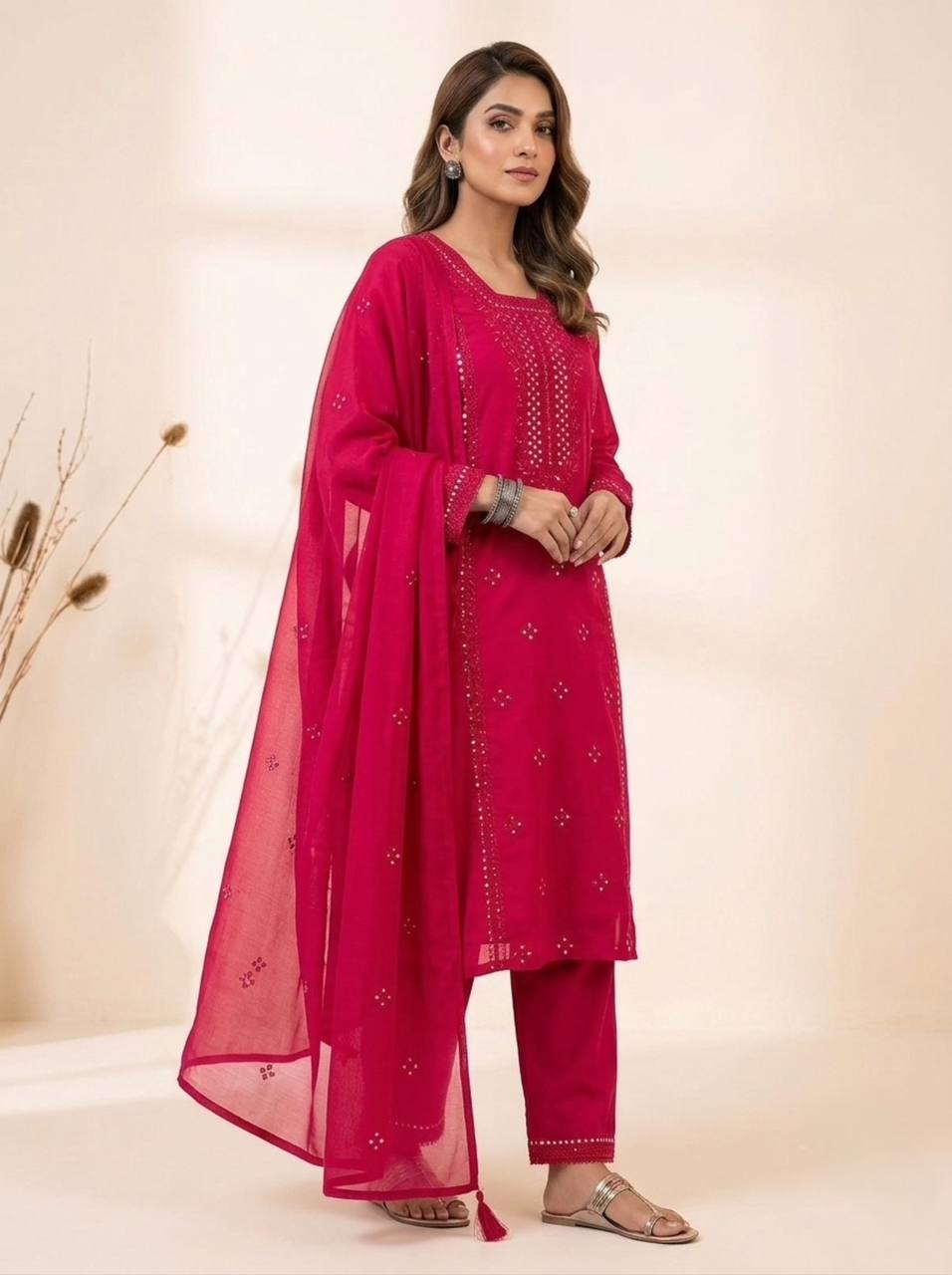 Rani Pink Roman Silk Sequin Kurta Pant Set