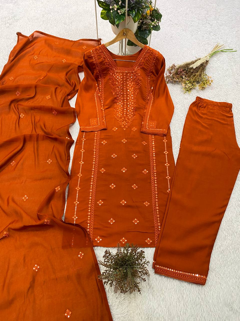 Rust Orange Roman Silk Sequin Kurta Pant Set, view 2