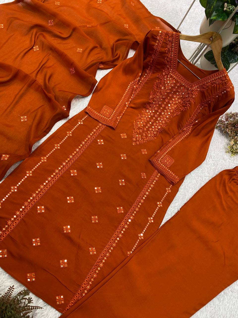 Rust Orange Roman Silk Sequin Kurta Pant Set, view 3