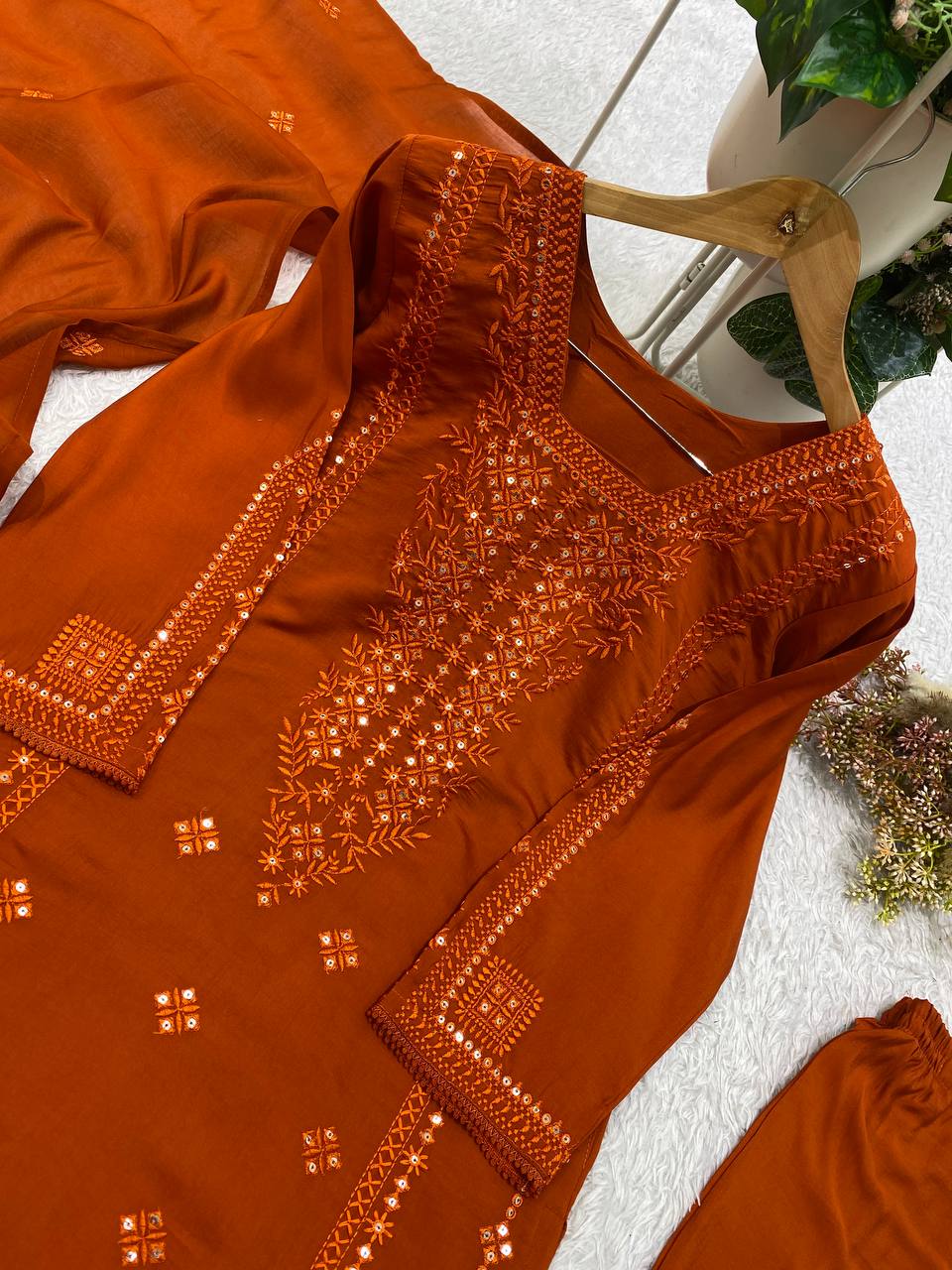 Rust Orange Roman Silk Sequin Kurta Pant Set, view 4
