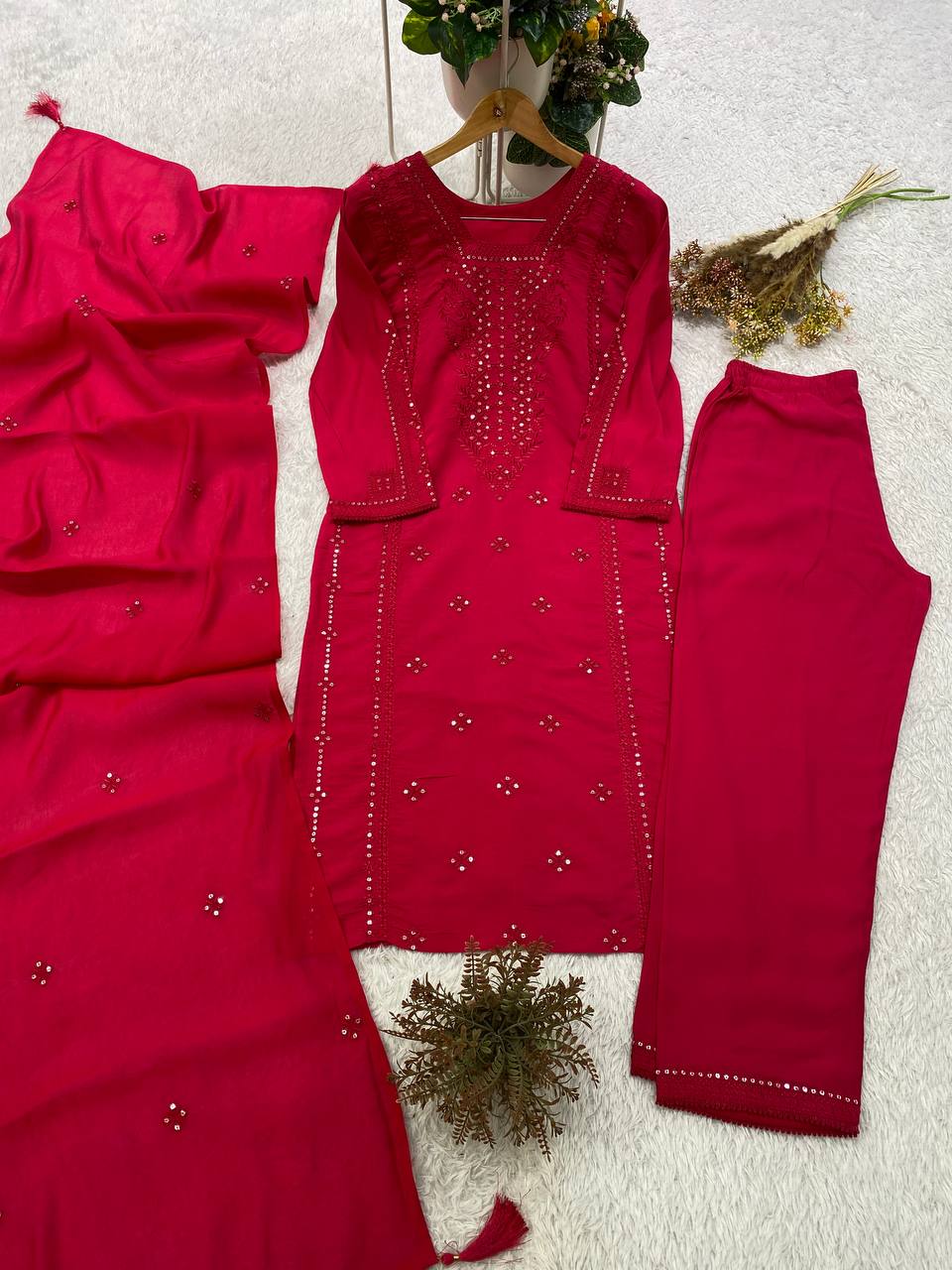 Rani Pink Roman Silk Sequin Kurta Pant Set, view 2