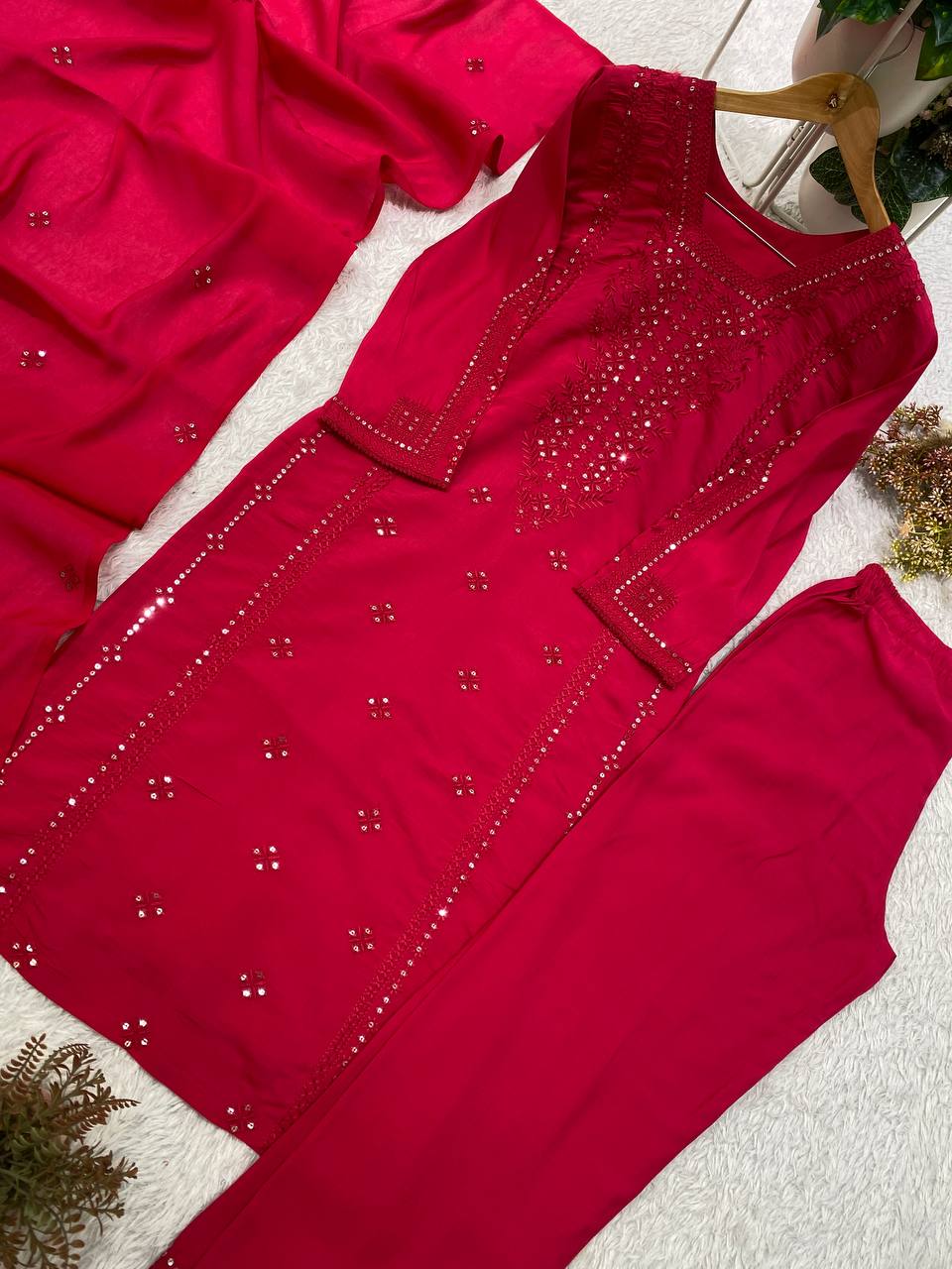 Rani Pink Roman Silk Sequin Kurta Pant Set, view 3