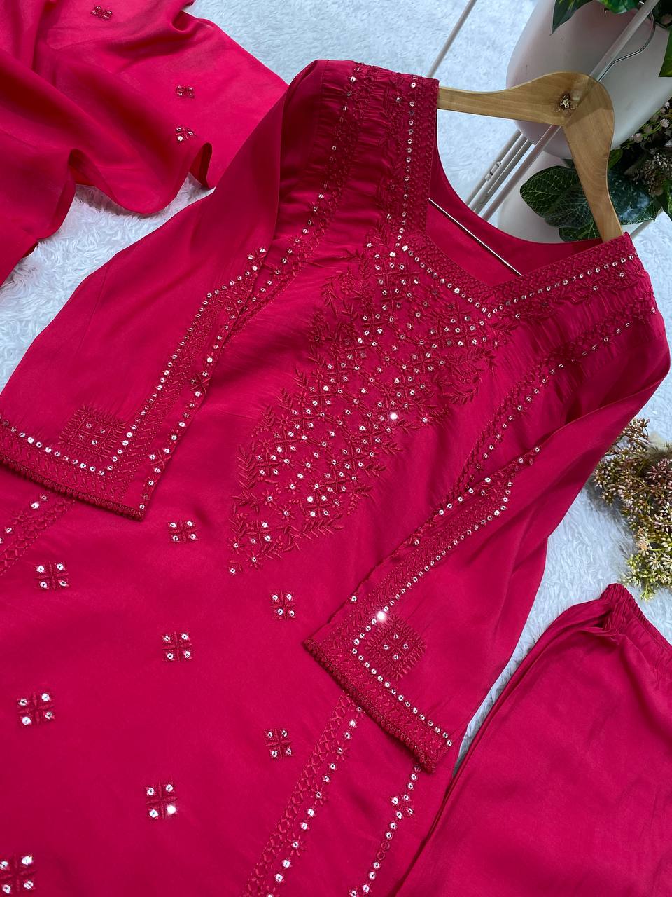 Rani Pink Roman Silk Sequin Kurta Pant Set, view 4