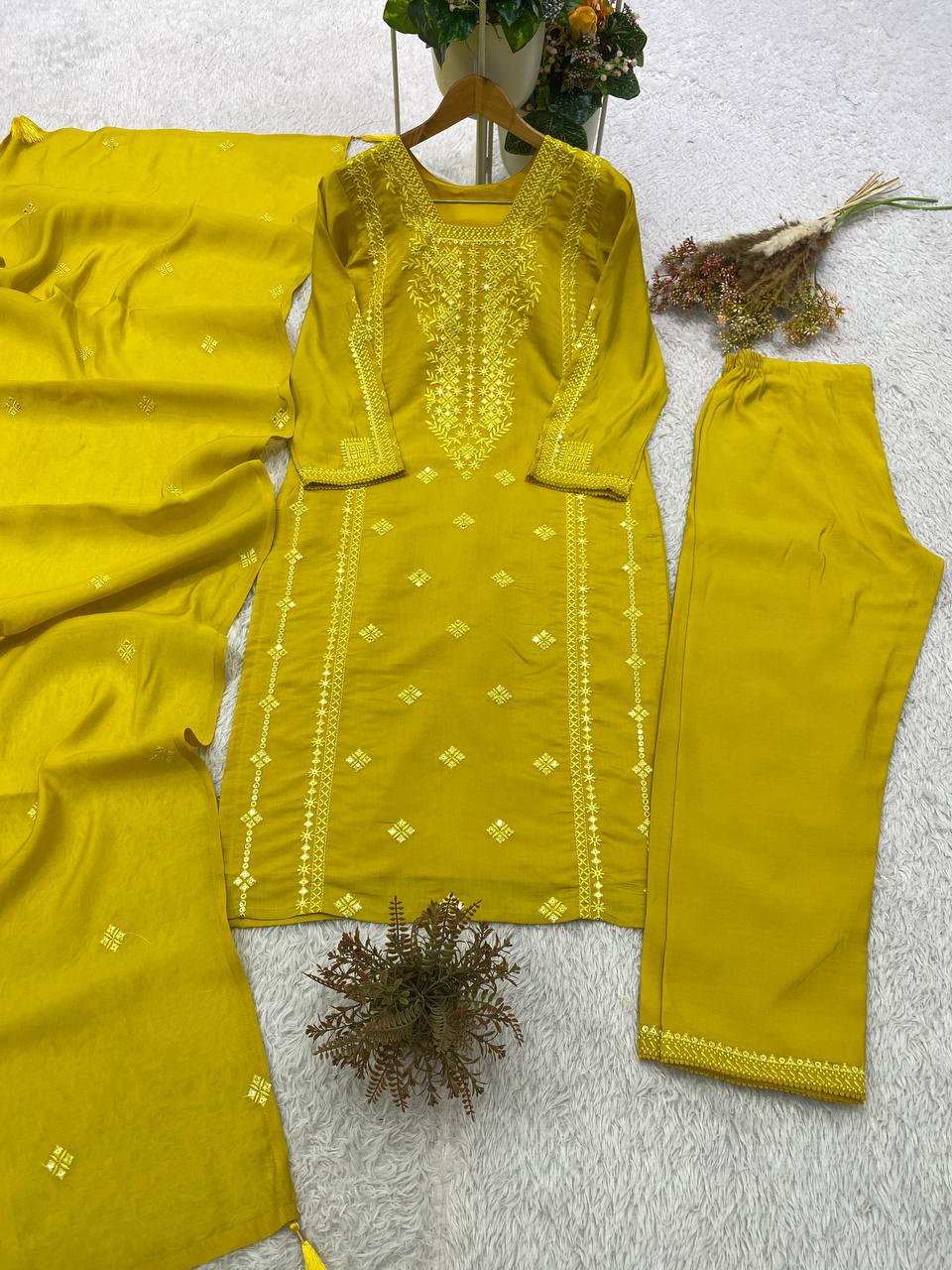 Mustard Yellow Roman Silk Sequin Kurta Pant Set, view 2