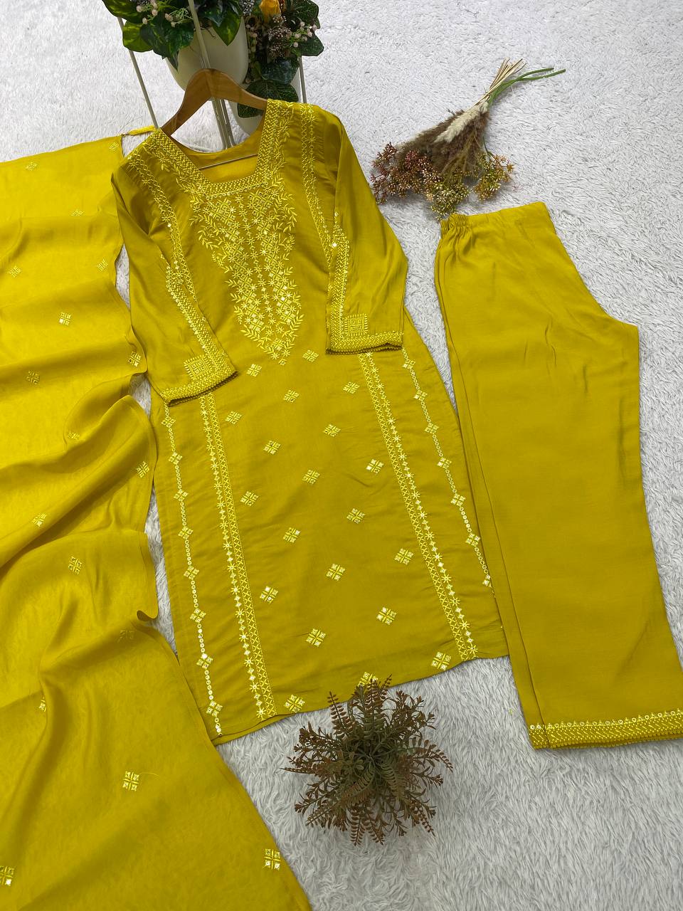 Mustard Yellow Roman Silk Sequin Kurta Pant Set, view 3