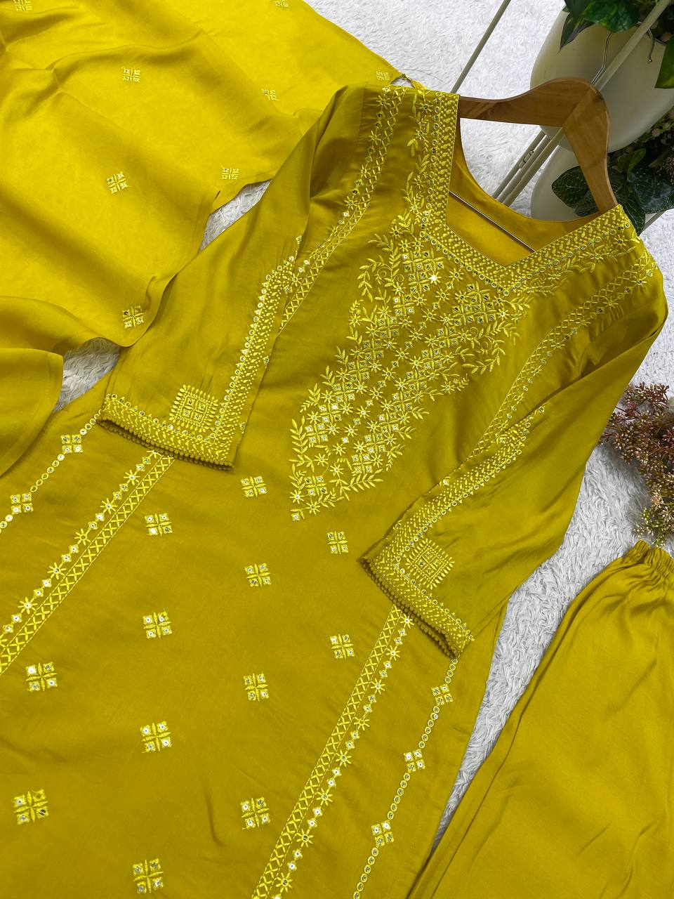 Mustard Yellow Roman Silk Sequin Kurta Pant Set, view 4