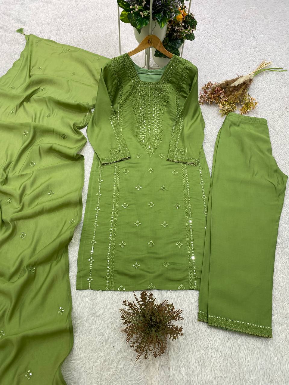 Parrot Green Roman Silk Sequin Kurta Pant Set, view 2