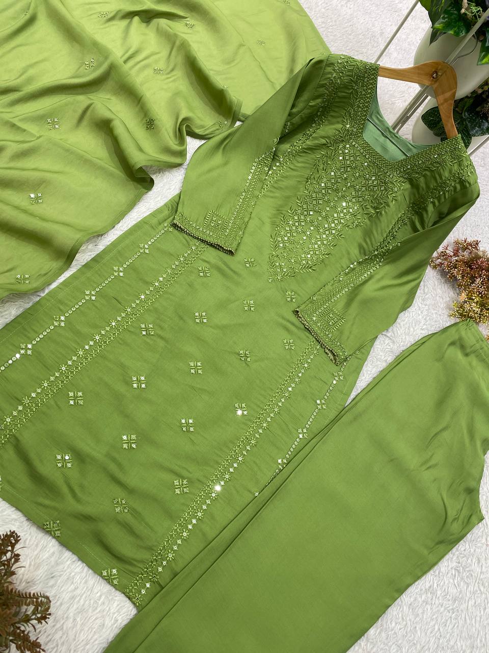 Parrot Green Roman Silk Sequin Kurta Pant Set, view 3