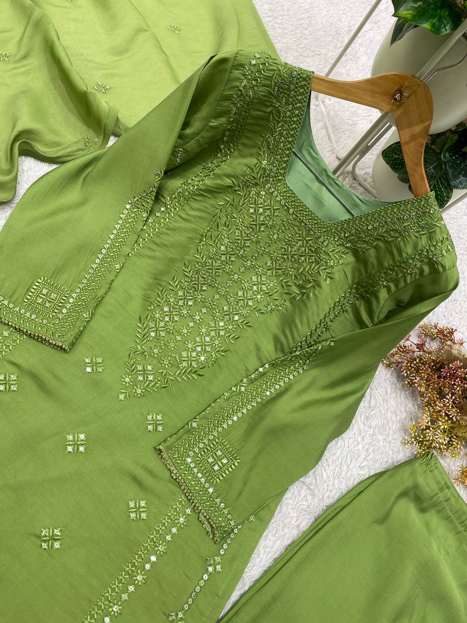 Parrot Green Roman Silk Sequin Kurta Pant Set, view 4