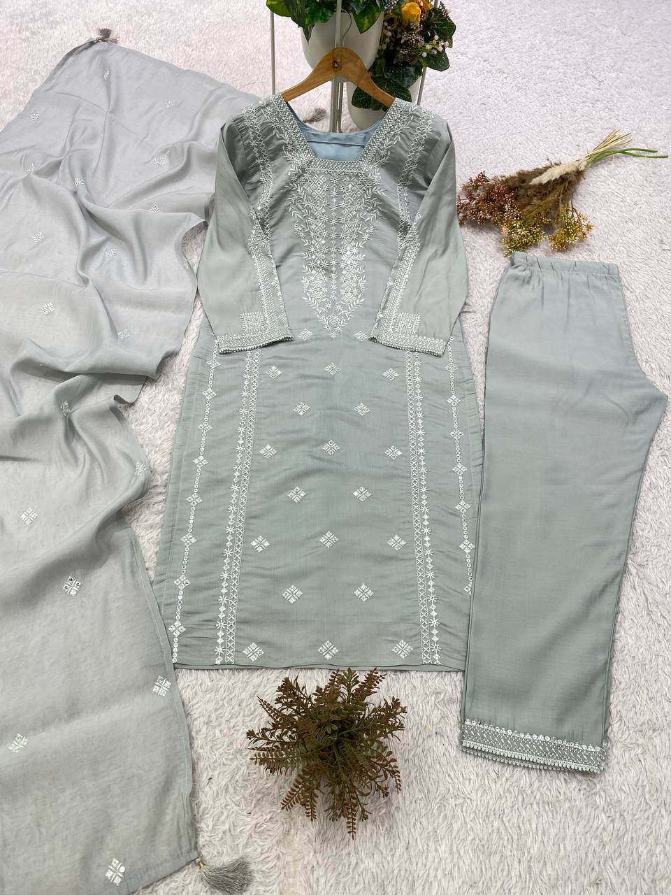 Grey Roman Silk Sequin Kurta Pant Set, view 2