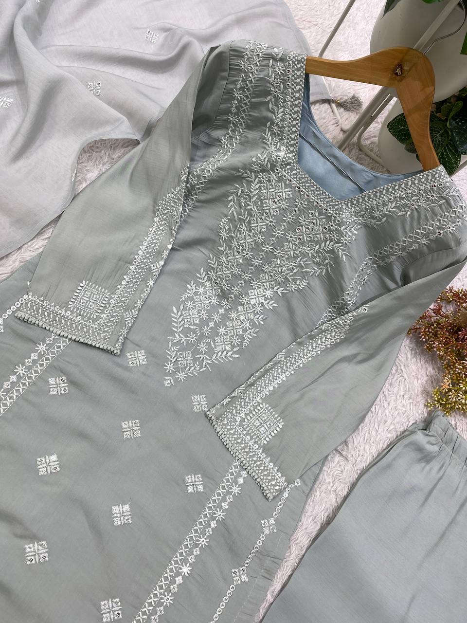 Grey Roman Silk Sequin Kurta Pant Set, view 3
