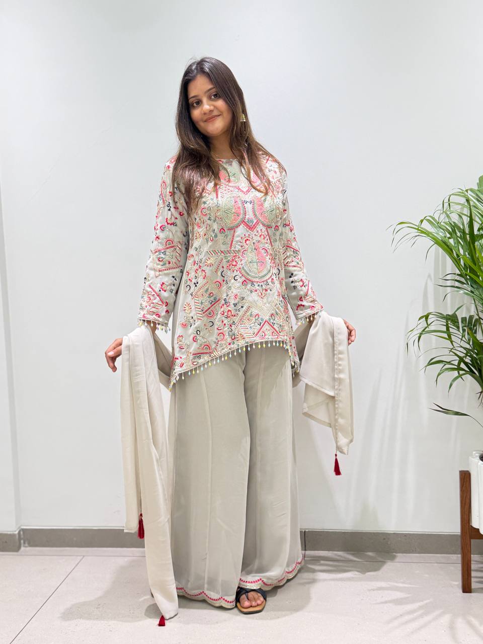 Grey Faux Georgette Sequin Kurta Palazzo Set