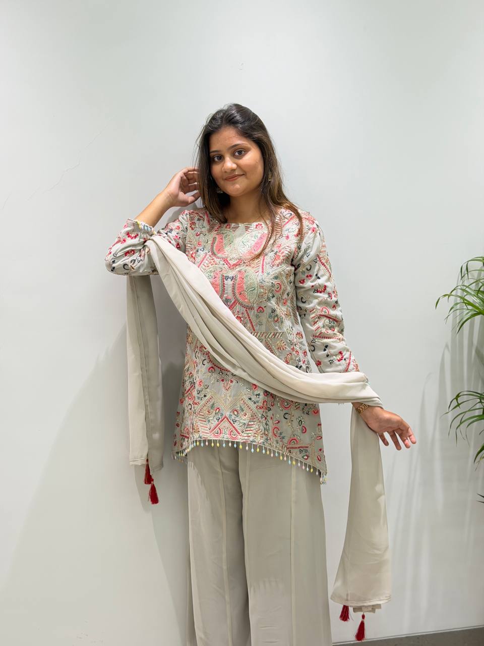 Grey Faux Georgette Sequin Kurta Palazzo Set, view 2