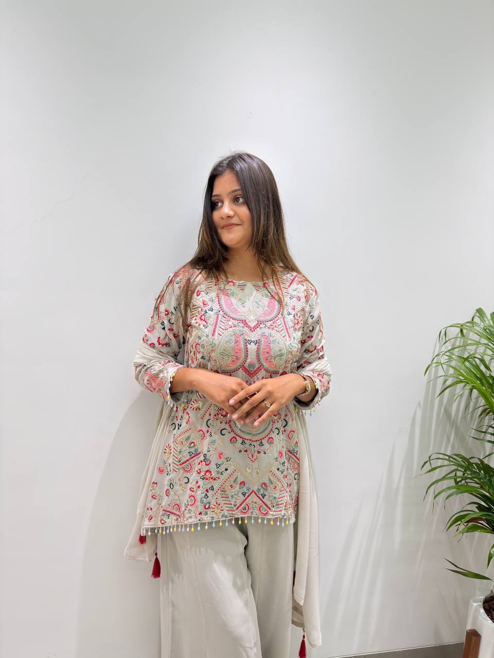 Grey Faux Georgette Sequin Kurta Palazzo Set, view 3