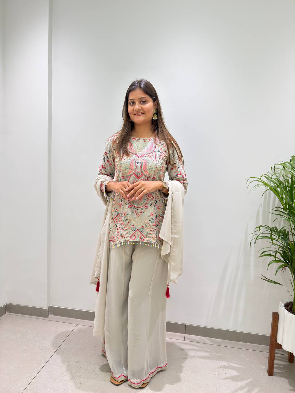 Grey Faux Georgette Sequin Kurta Palazzo Set, view 4
