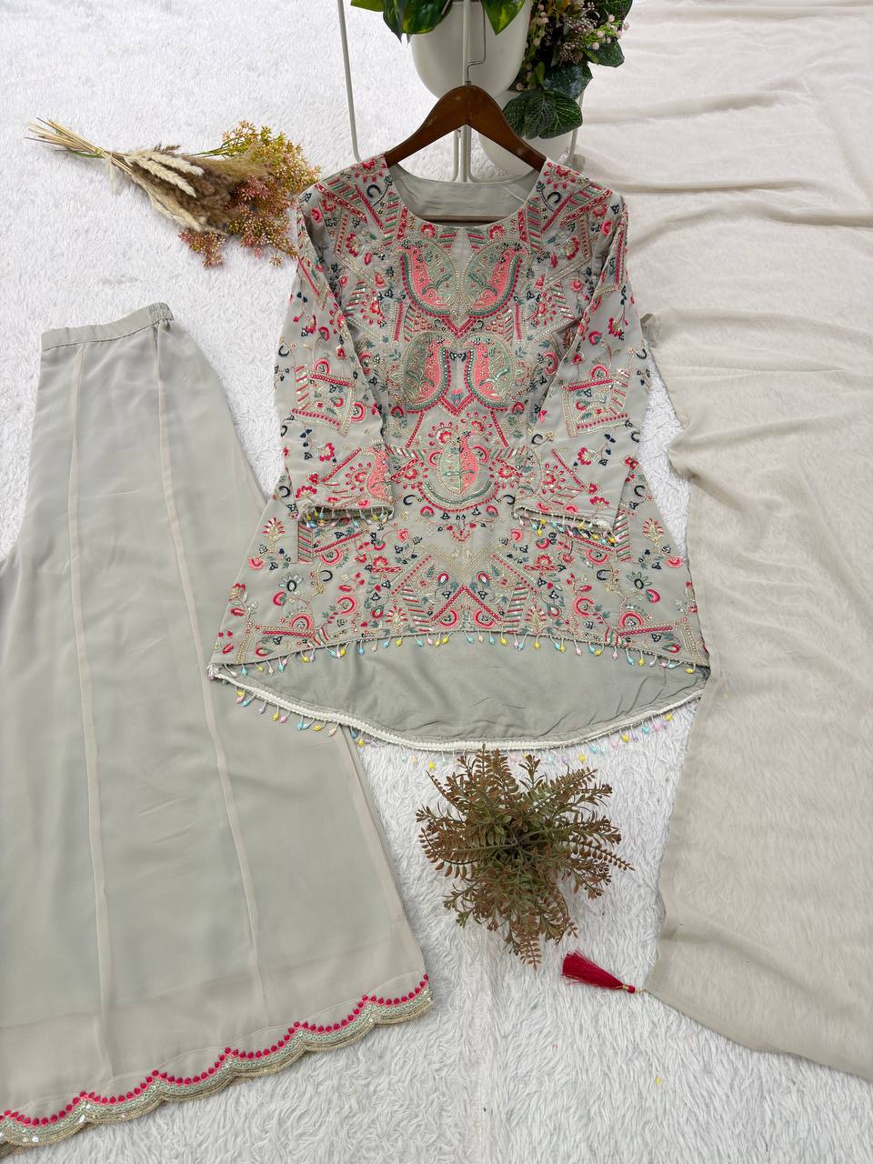 Grey Faux Georgette Sequin Kurta Palazzo Set, view 5
