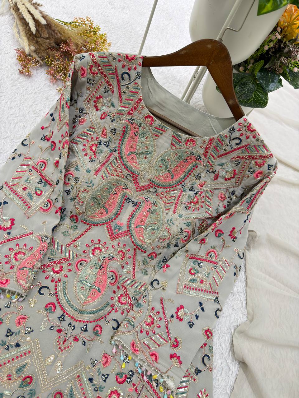 Grey Faux Georgette Sequin Kurta Palazzo Set, view 7