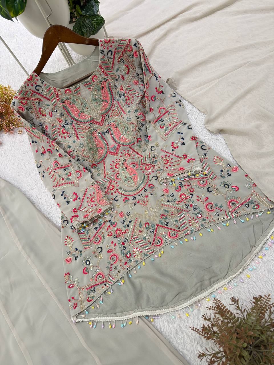 Grey Faux Georgette Sequin Kurta Palazzo Set, view 8