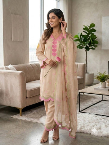 Beige Mul Chanderi Embroidered Kurta Salwar Set