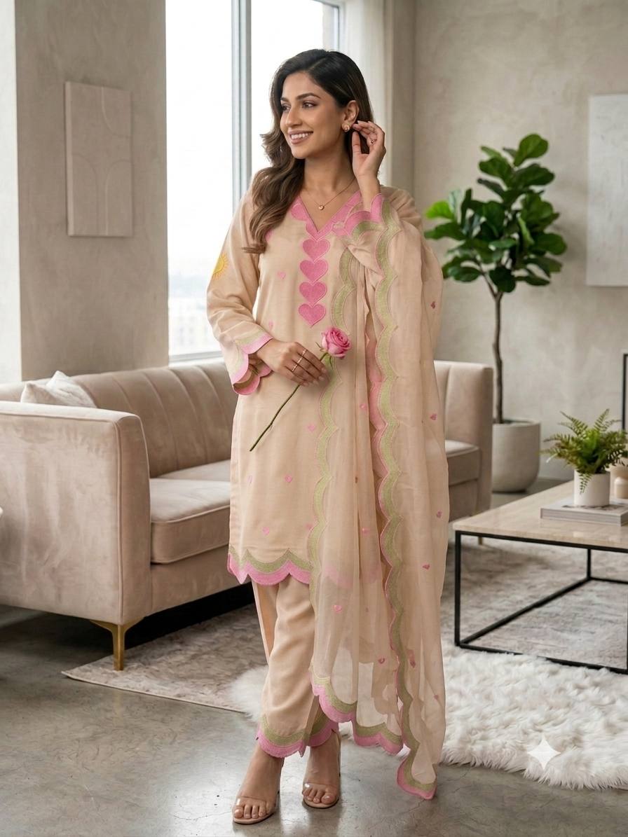 Beige Mul Chanderi Embroidered Kurta Salwar Set