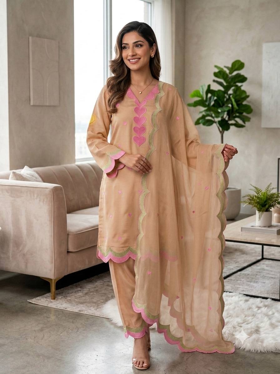Beige Mul Chanderi Embroidered Kurta Salwar Set, view 2