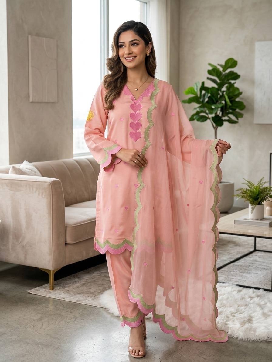 Peach Pink Mul Chanderi Embroidered Kurta Salwar Set