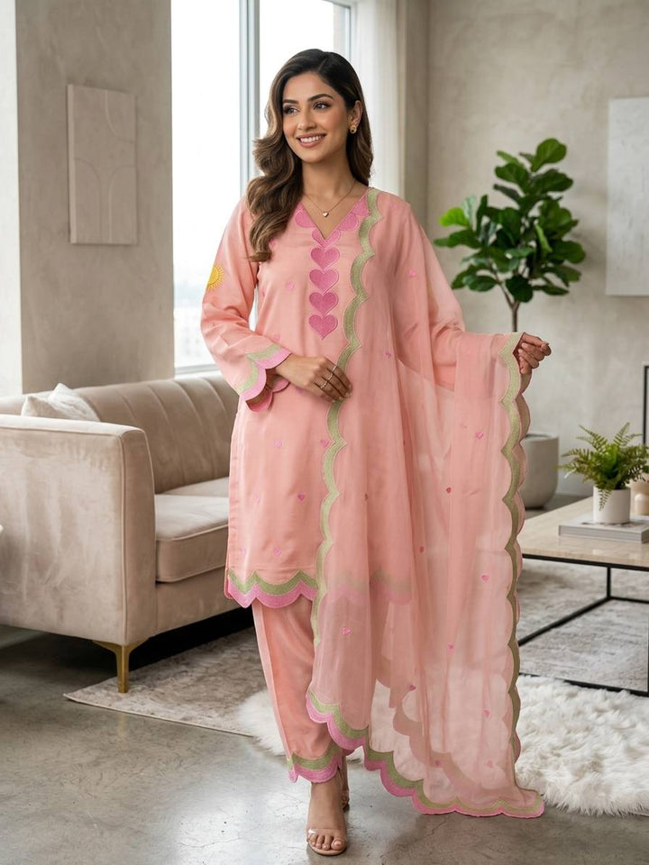 Peach Pink Mul Chanderi Embroidered Kurta Salwar Set
