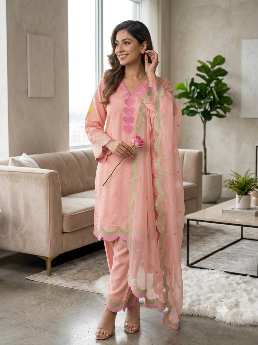 Peach Pink Mul Chanderi Embroidered Kurta Salwar Set, view 2