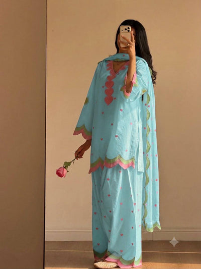 Aqua Blue Mul Chanderi Embroidered Kurta Salwar Set