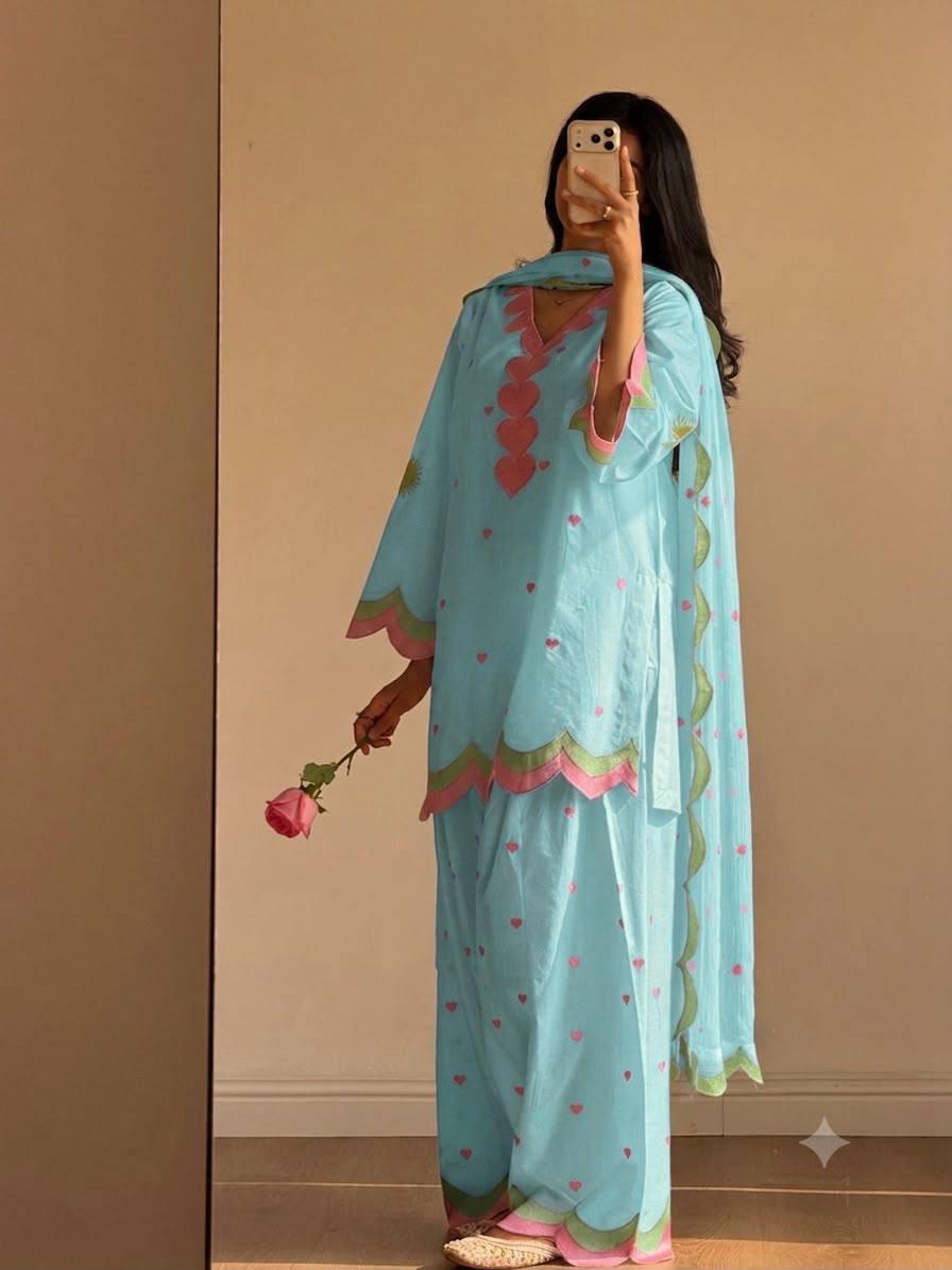Aqua Blue Mul Chanderi Embroidered Kurta Salwar Set