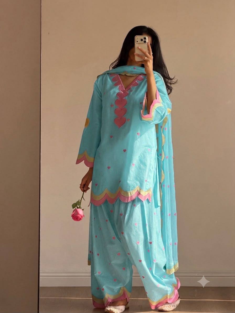 Aqua Blue Mul Chanderi Embroidered Kurta Salwar Set, view 2