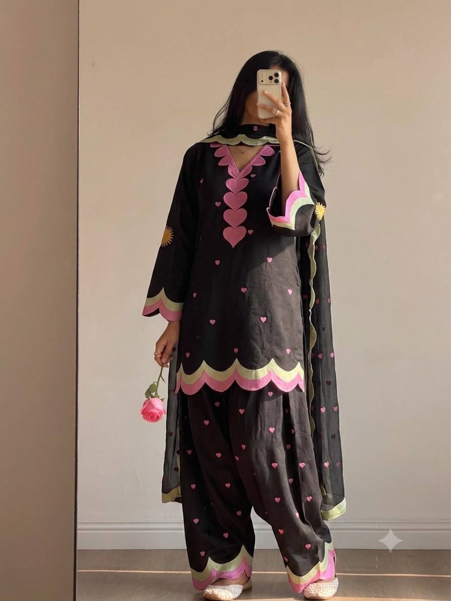 Black Mul Chanderi Embroidered Kurta Salwar Set