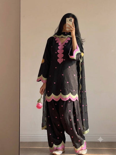 Black Mul Chanderi Embroidered Kurta Salwar Set