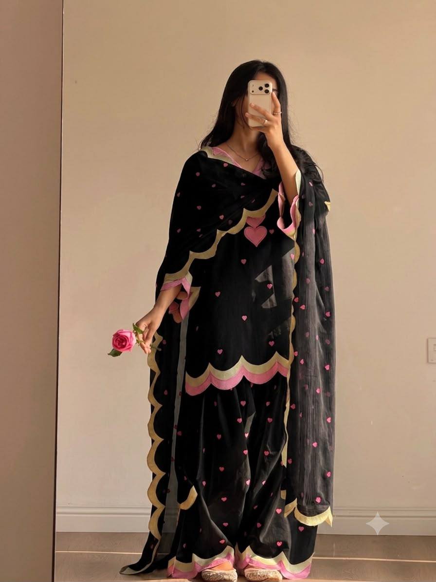 Black Mul Chanderi Embroidered Kurta Salwar Set, view 2