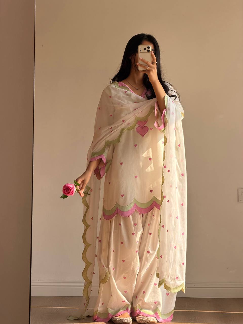 Off-White Mul Chanderi Embroidered Kurta Salwar Set, view 2