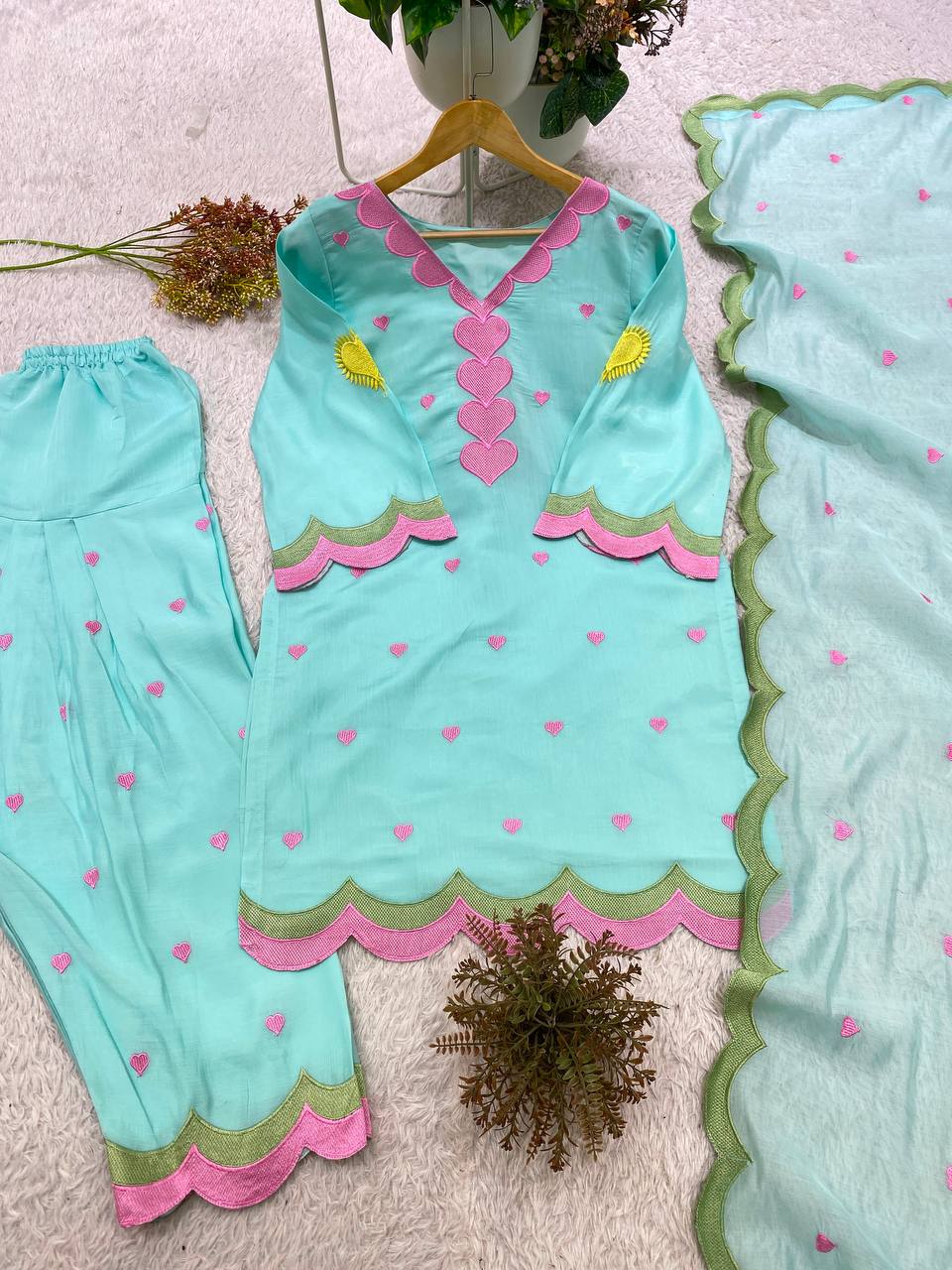Aqua Blue Mul Chanderi Embroidered Kurta Salwar Set, view 3