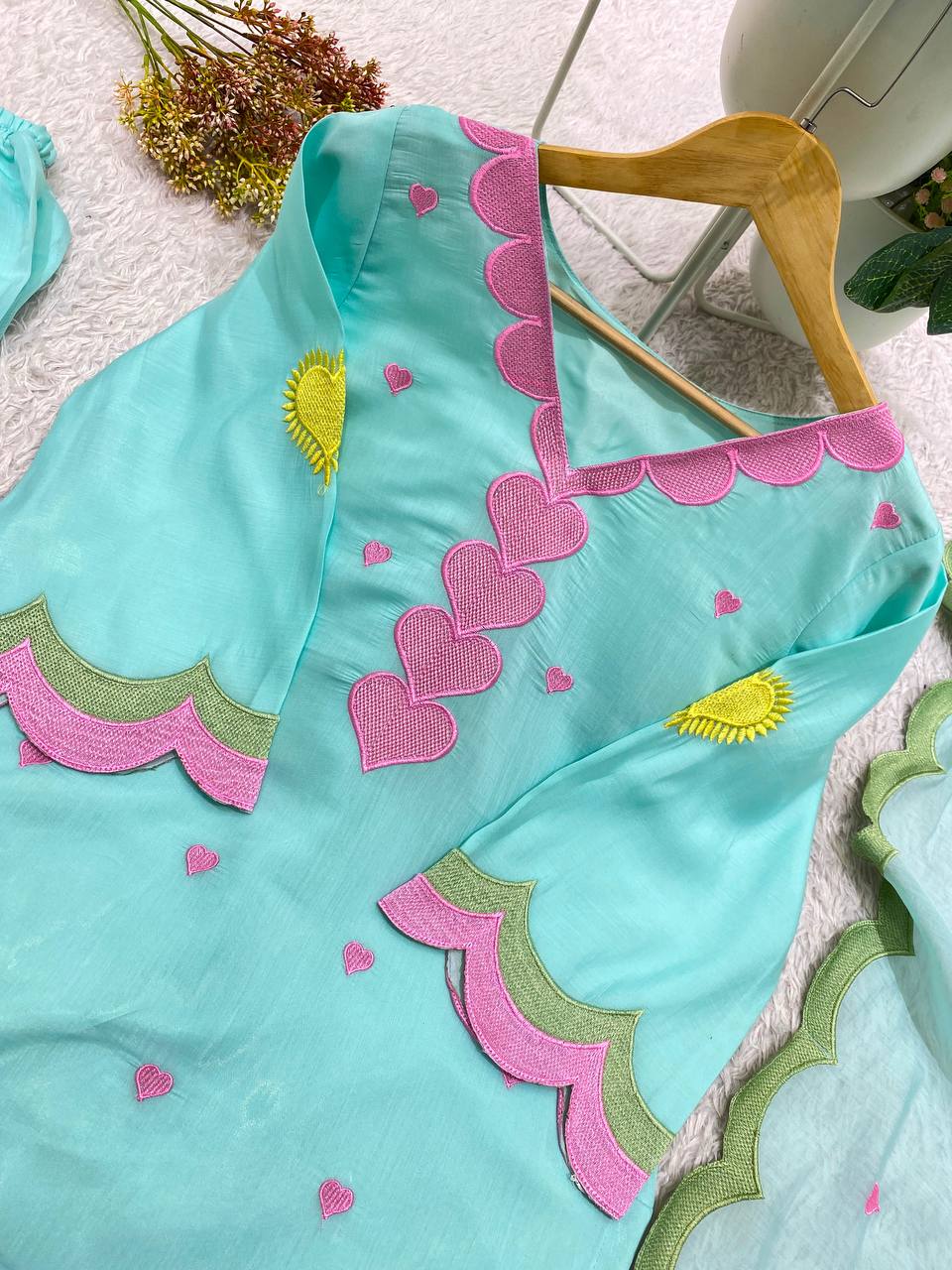Aqua Blue Mul Chanderi Embroidered Kurta Salwar Set, view 5
