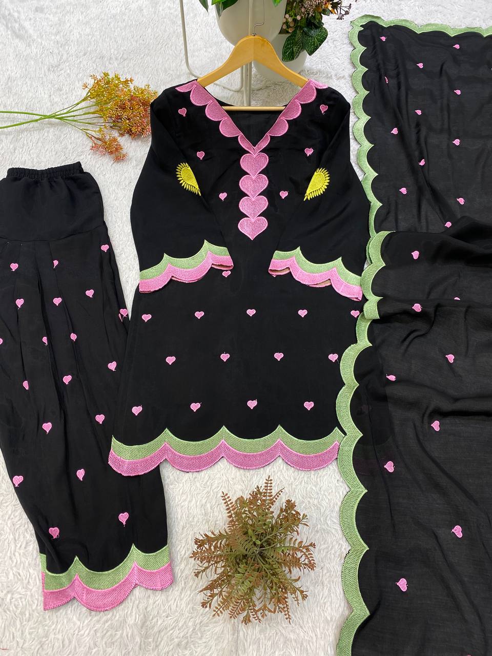 Black Mul Chanderi Embroidered Kurta Salwar Set, view 3