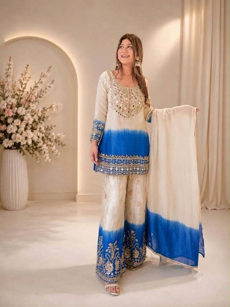 Off-White and Blue Star Georgette Mirror Work Kurta Palazzo Set