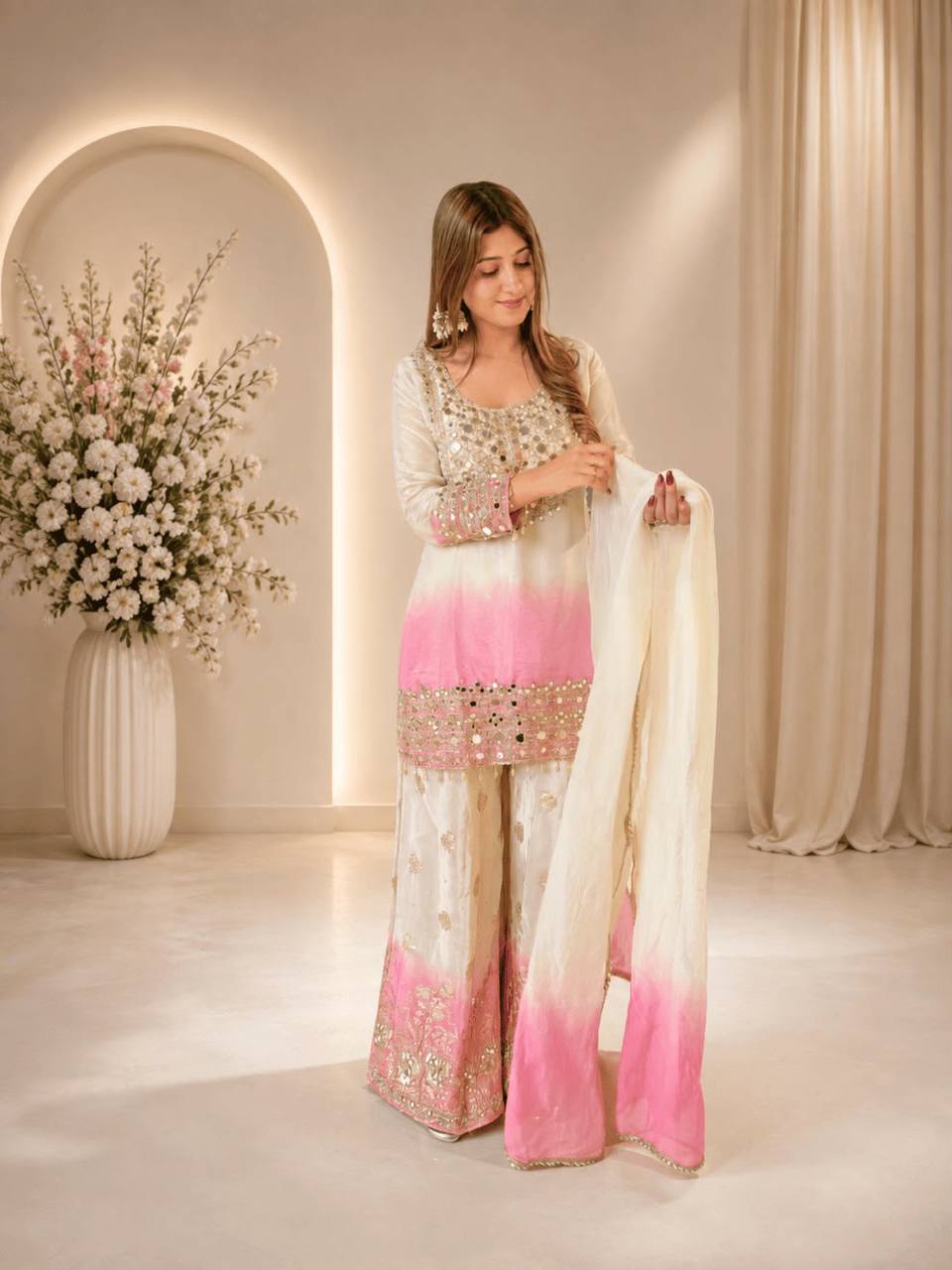 Off-White and Pink Star Georgette Mirror Work Kurta Palazzo Set, view 2