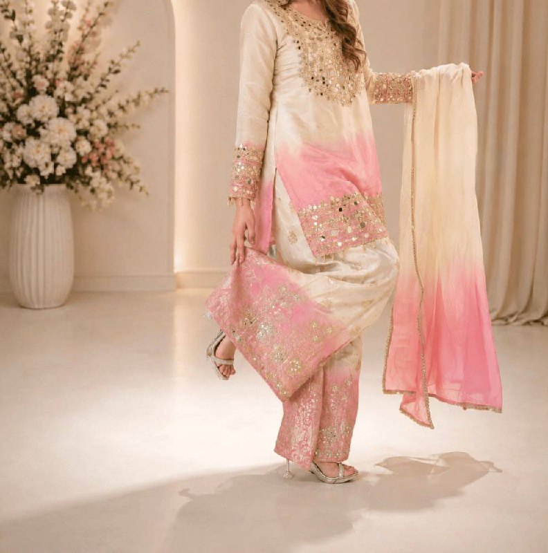 Off-White and Pink Star Georgette Mirror Work Kurta Palazzo Set, view 3