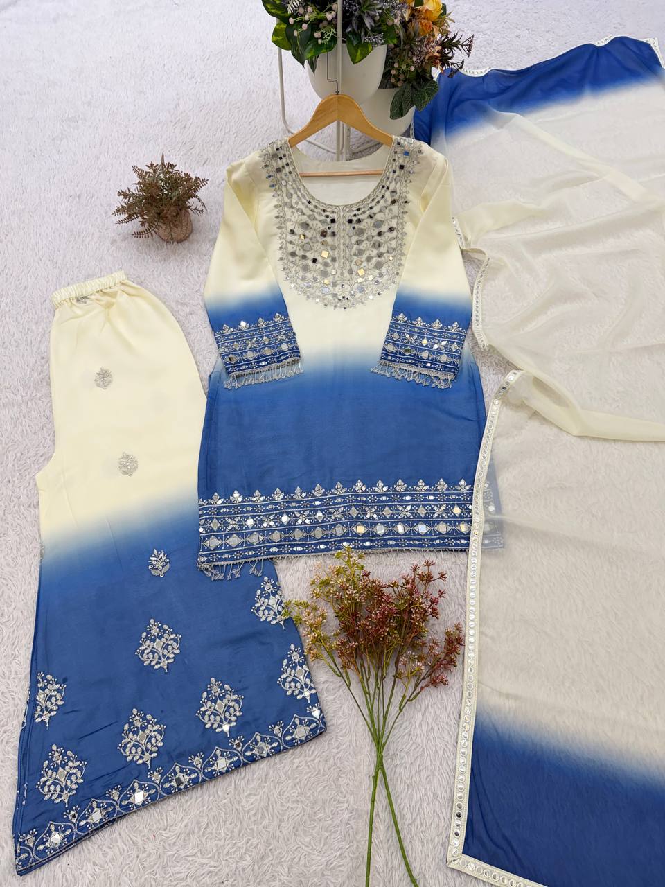 Off-White and Blue Star Georgette Mirror Work Kurta Palazzo Set, view 2